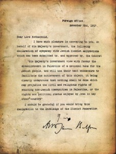 Il documento originale della 'Dichiarazione Balfour' del 1917.