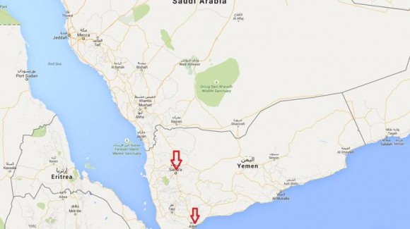 Lo Yemen con la capitale Sana'a e il porto di Aden (Google Maps)
