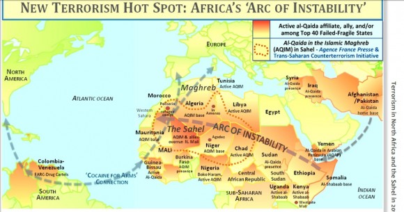 La mappa della penetrazione del terrorismo islamico in Africa e Medio Oriente (Inter University Center for Terrorism studies, Potomac Institute for Policy Studies).